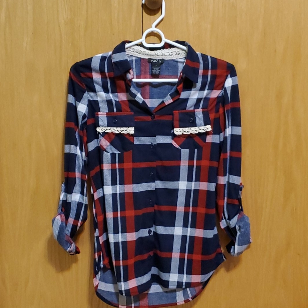 Red White & Navy Blue Plaid Flannel
